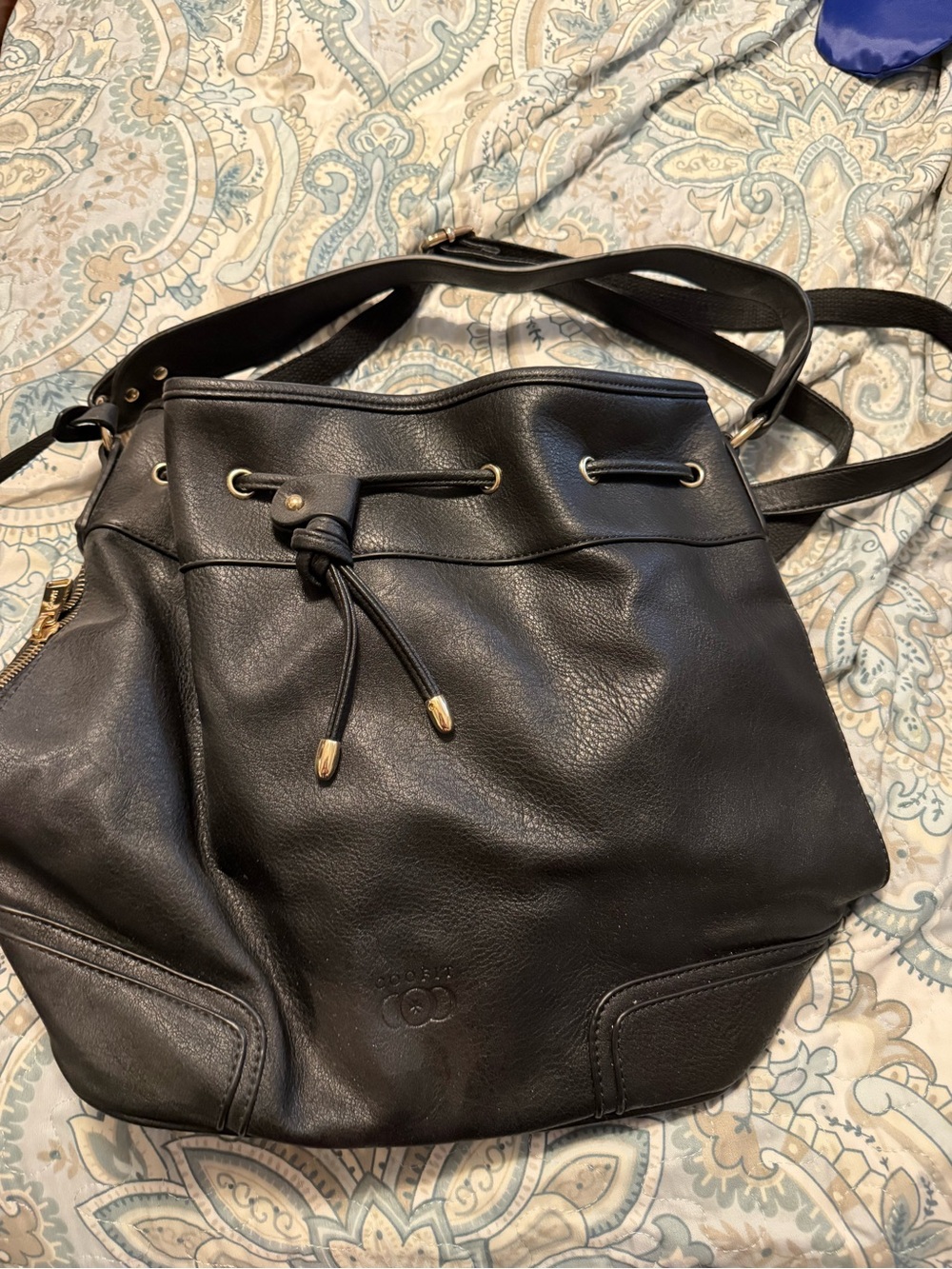 Black Leather Drawstring Bucket Bag
